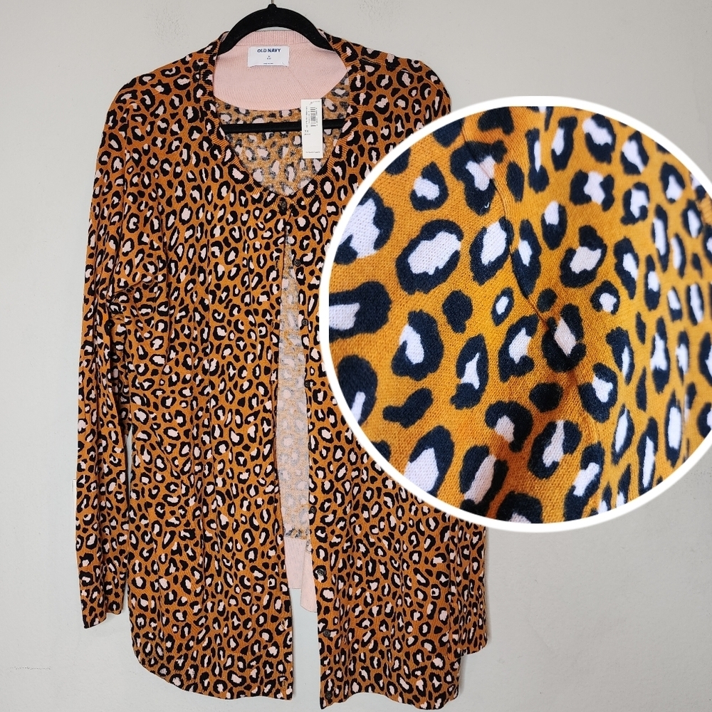 NWT Old Navy Mustard Brown Black Pink Leopard Sweater Cardigan 3X Cotton